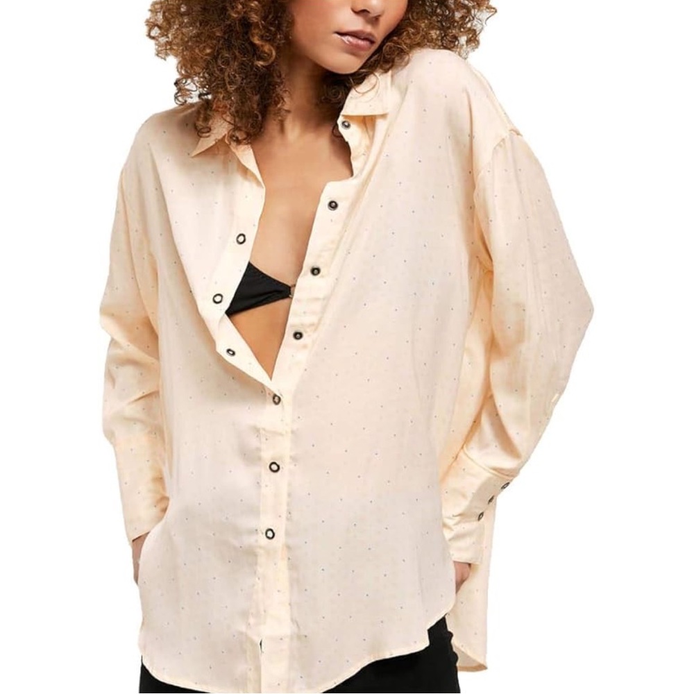 Free People We The Free Ivory Button Down Collared Boyfriend Shirt Blouse Size S